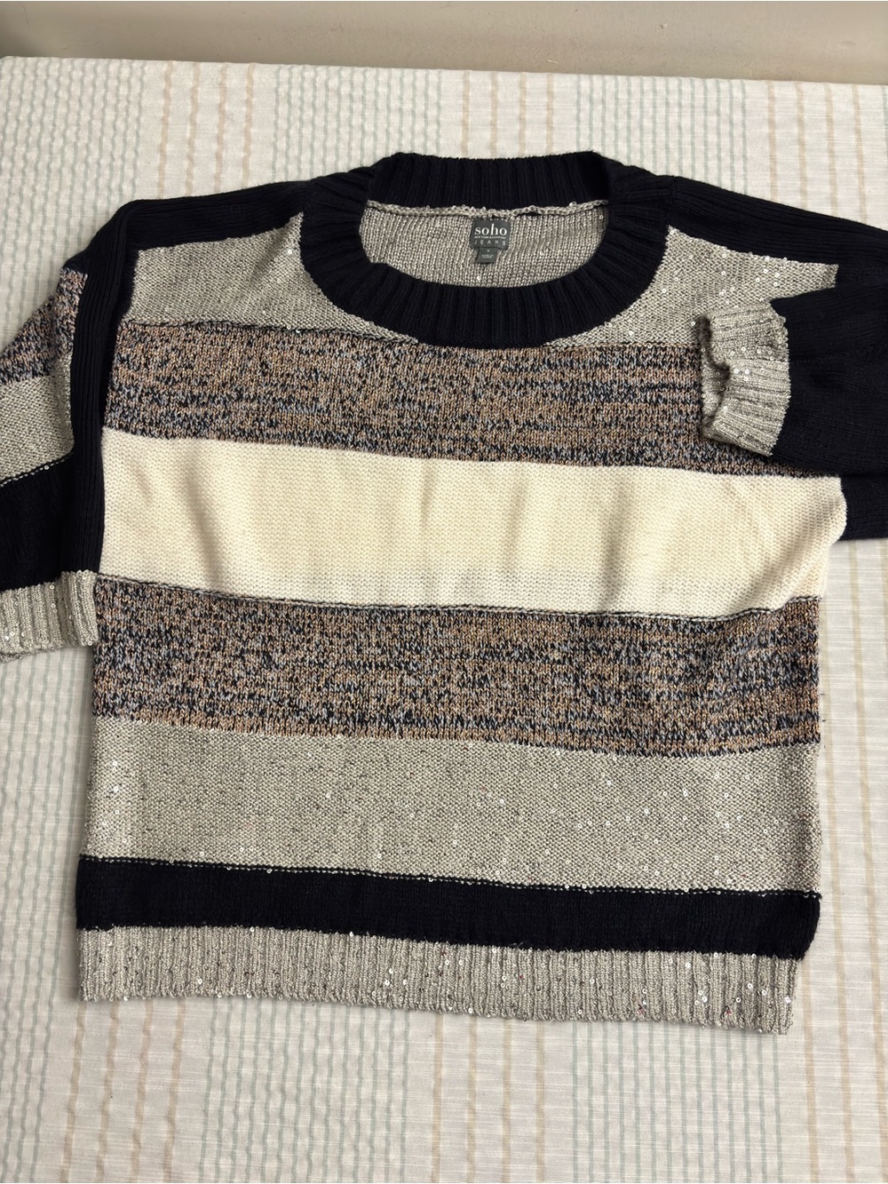 Soho Neutral Striped Crewneck Sweater in Black, Cream & Brown